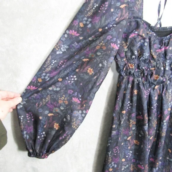 Disturbia Dark Floral Mini Dress Long Balloon Sleeve Smocked Tie Back US 4 y2K - Picture 3 of 11